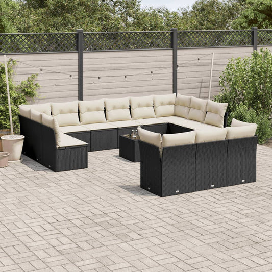 14-delige Loungeset met kussens poly rattan zwart