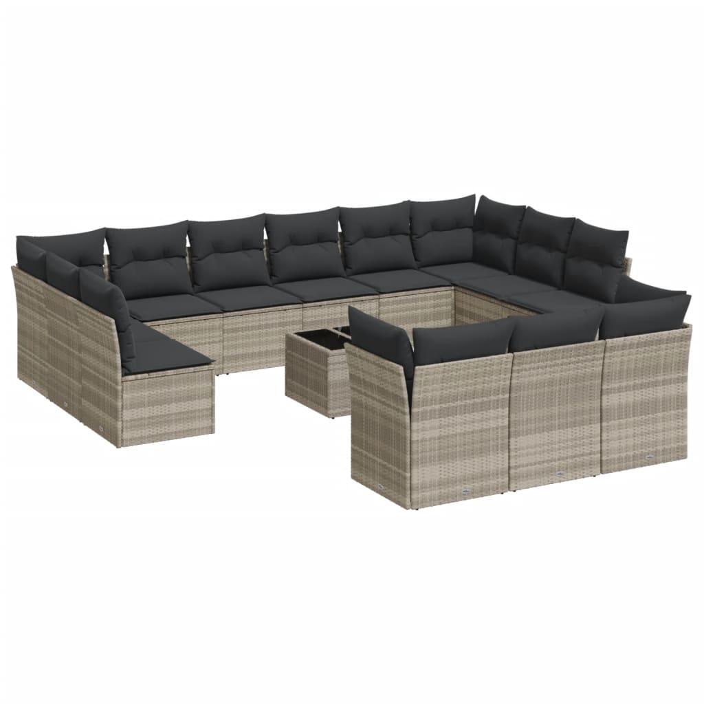 14-delige Loungeset met kussens poly rattan lichtgrijs