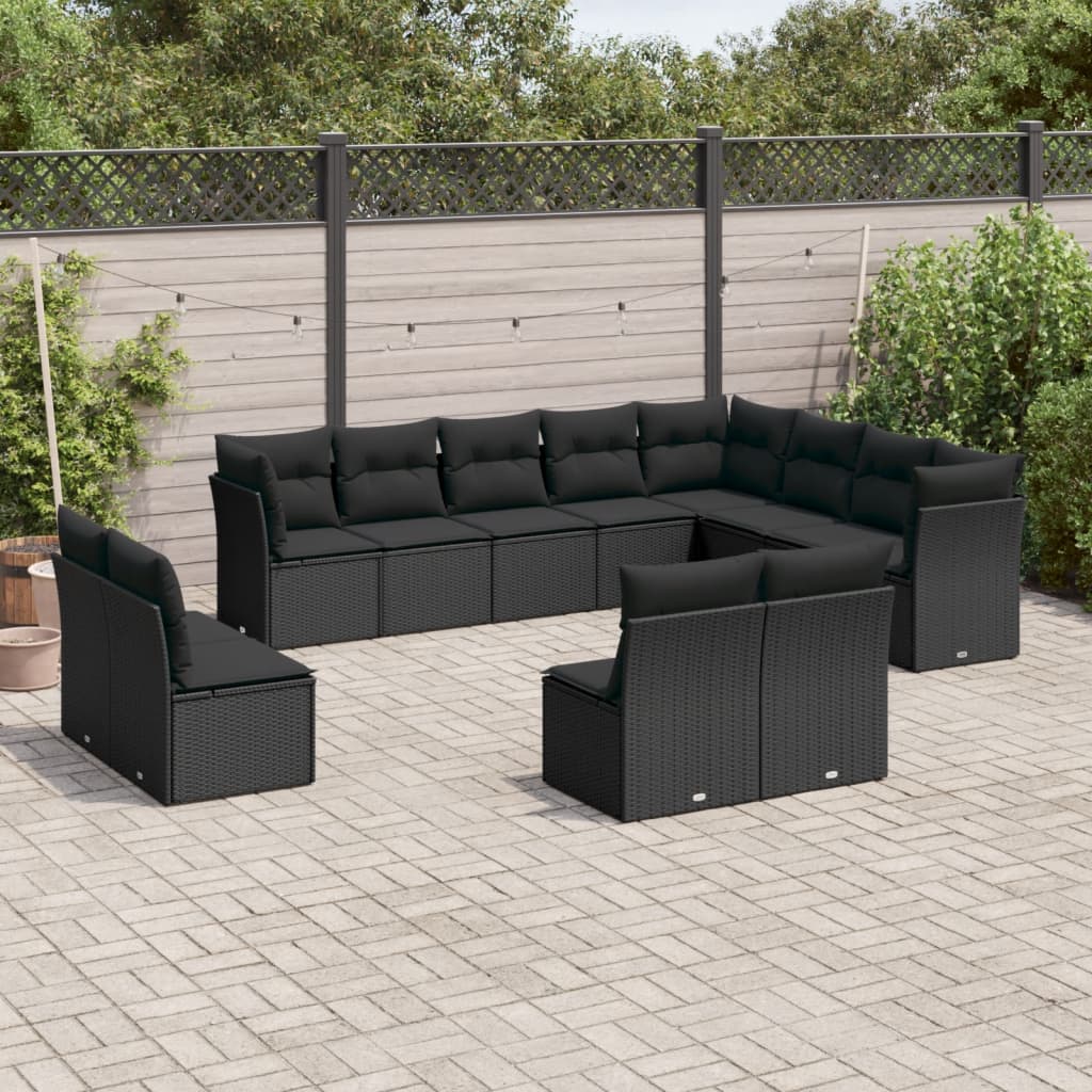 12-delige Loungeset met kussens poly rattan zwart