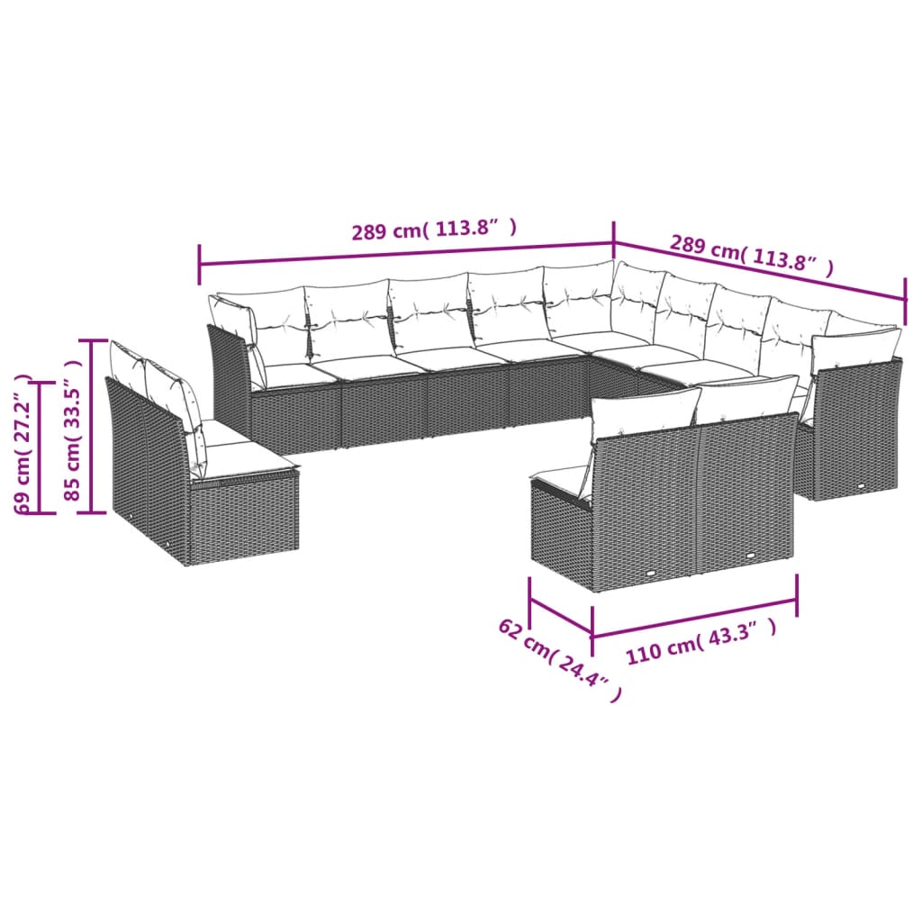 13-delige Loungeset met kussens poly rattan zwart