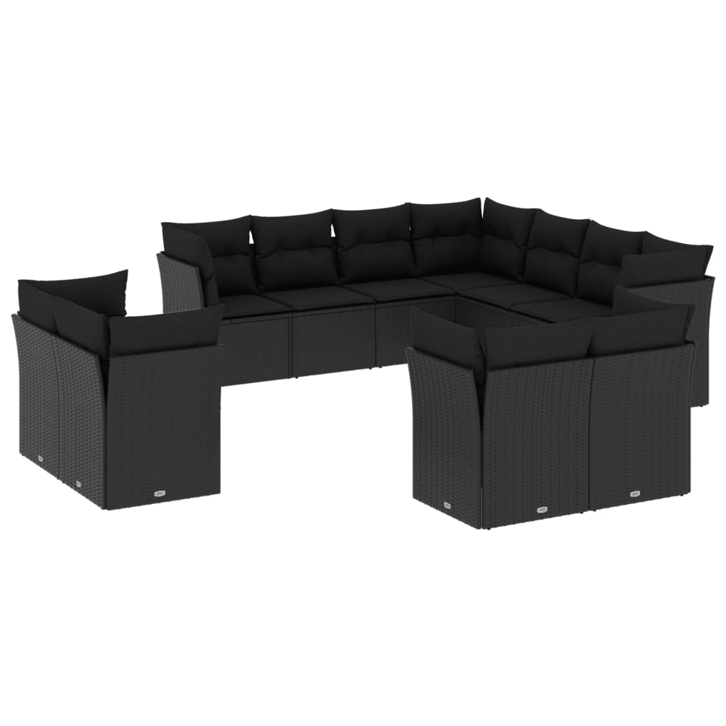 11-delige Loungeset met kussens poly rattan zwart