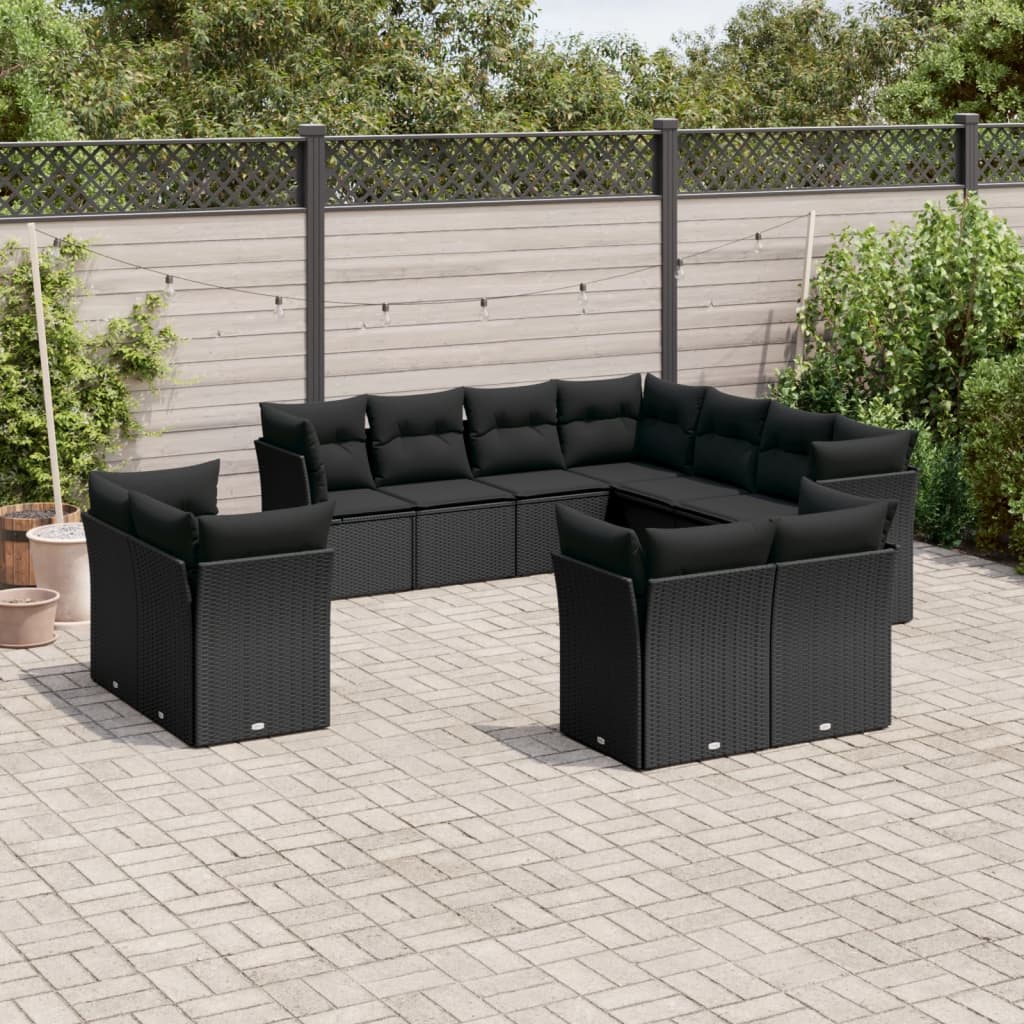 11-delige Loungeset met kussens poly rattan zwart