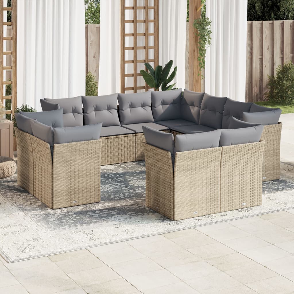 11-delige Tuinset met kussens poly rattan beige