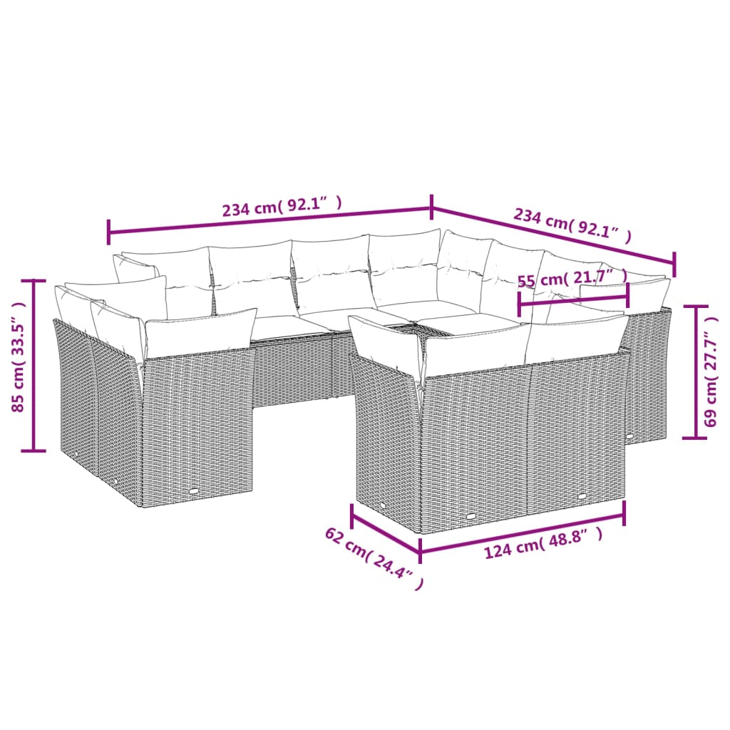 11-delige Loungeset met kussens poly rattan lichtgrijs