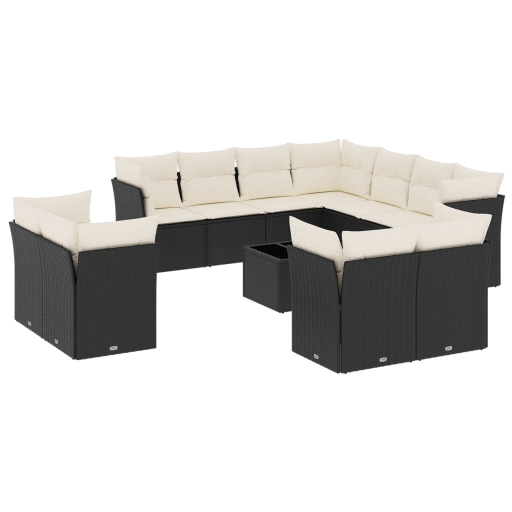 12-delige Loungeset met kussens poly rattan zwart