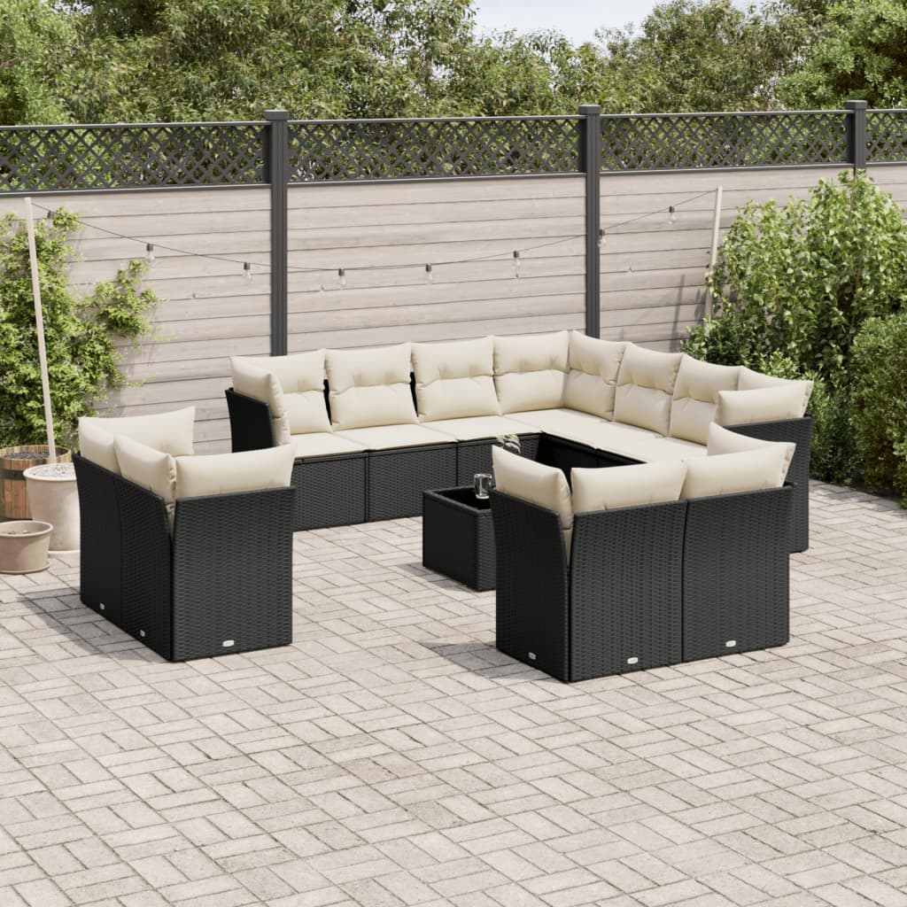 12-delige Loungeset met kussens poly rattan zwart