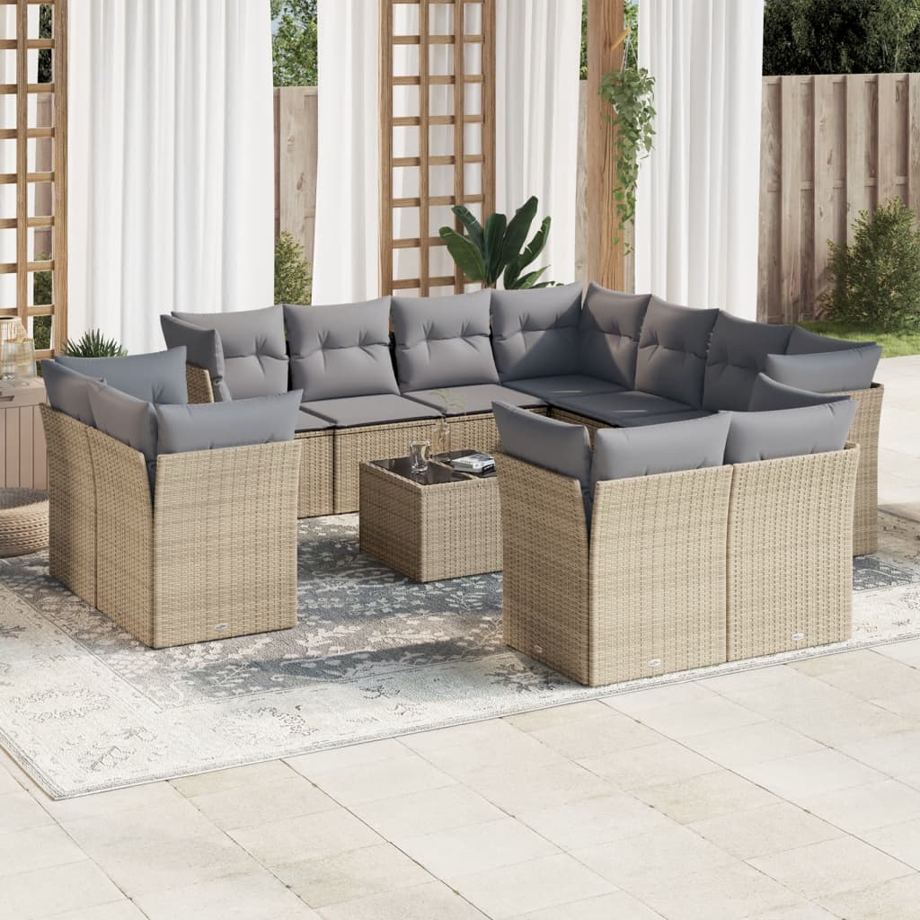 12-delige Loungeset met kussens poly rattan beige