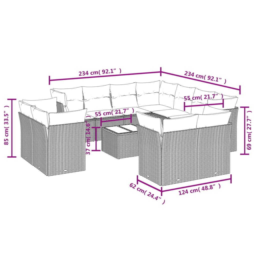 12-delige Loungeset met kussens poly rattan grijs