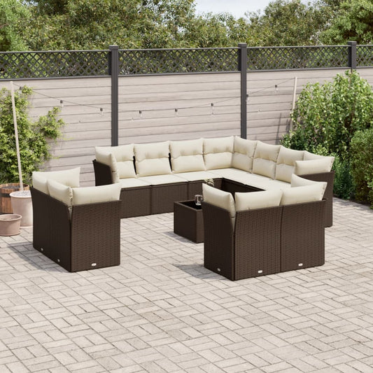 12-delige Loungeset met kussens poly rattan bruin