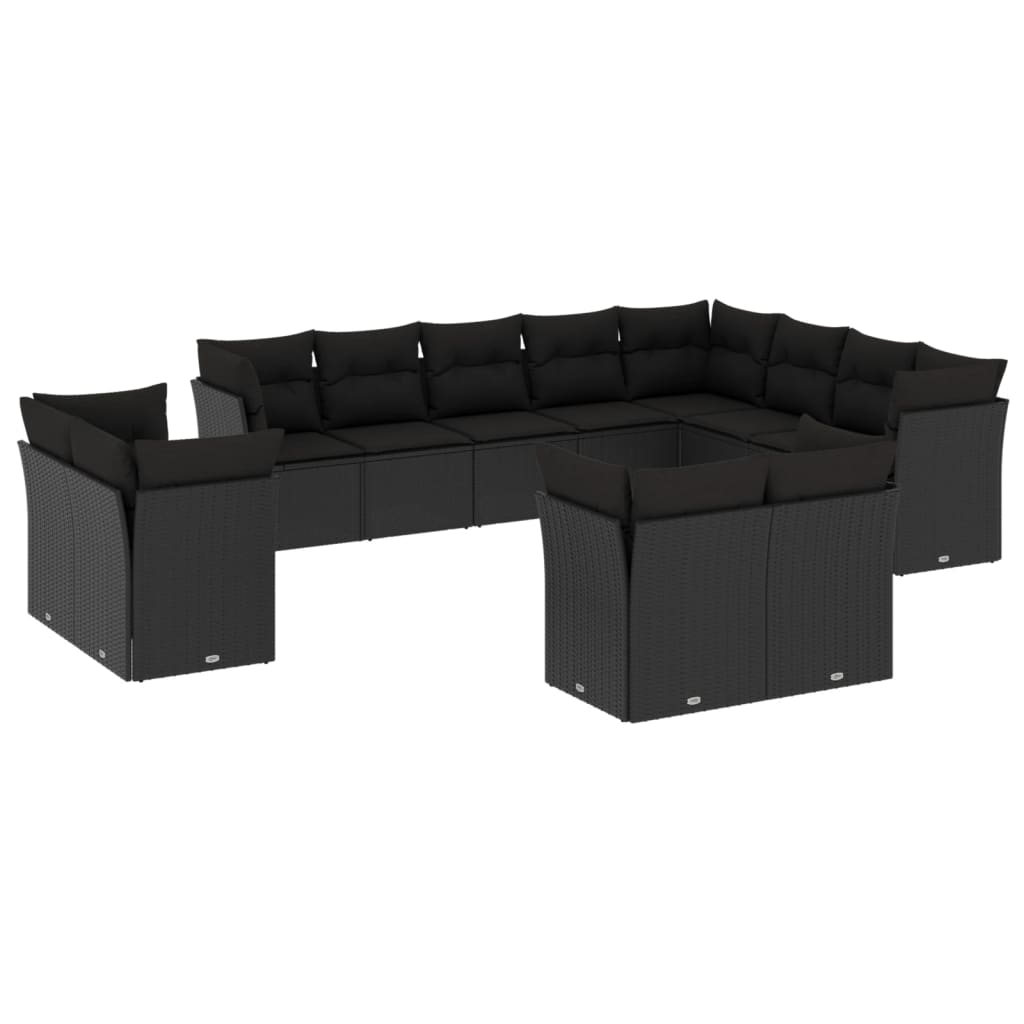 12-delige Loungeset met kussens poly rattan zwart