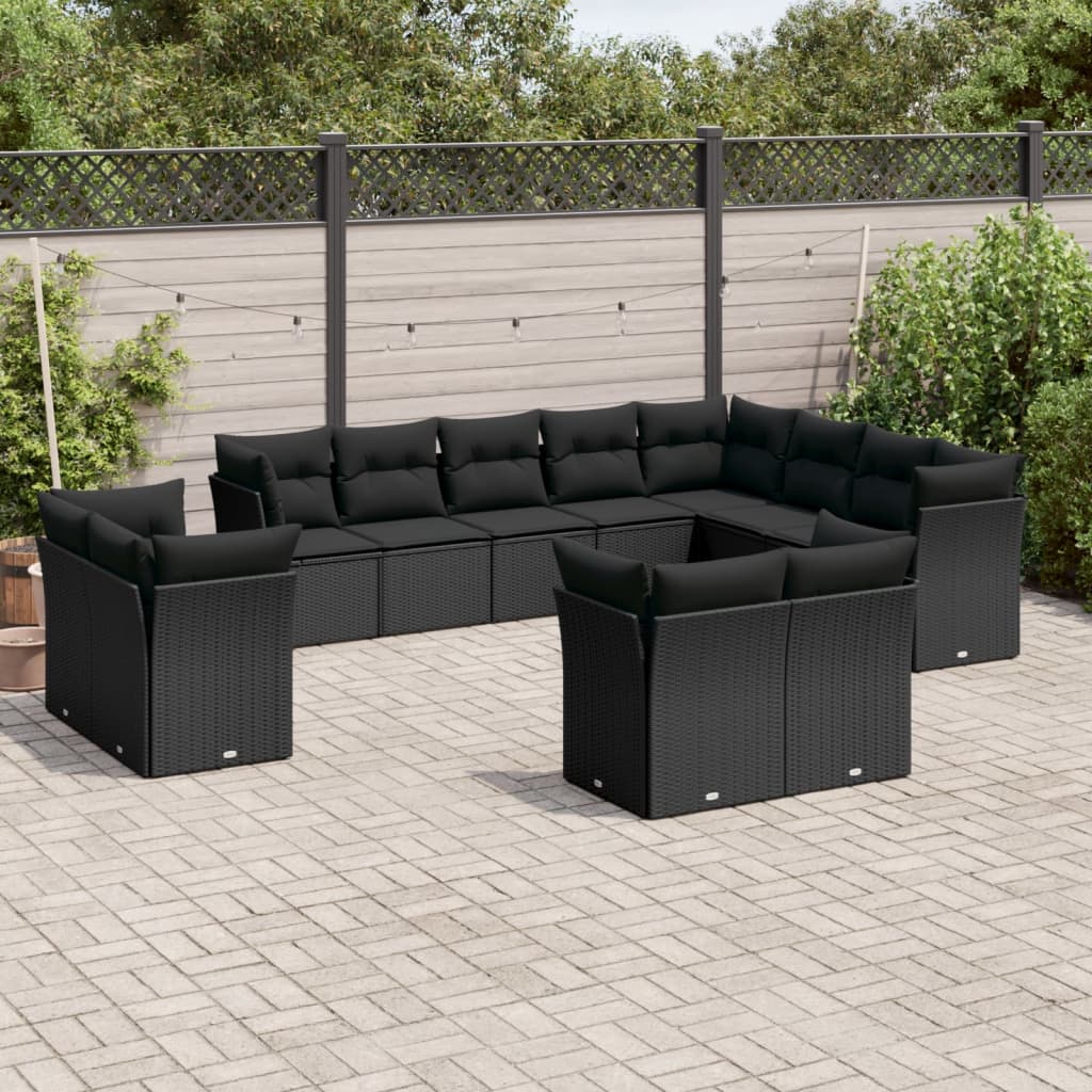 12-delige Loungeset met kussens poly rattan zwart