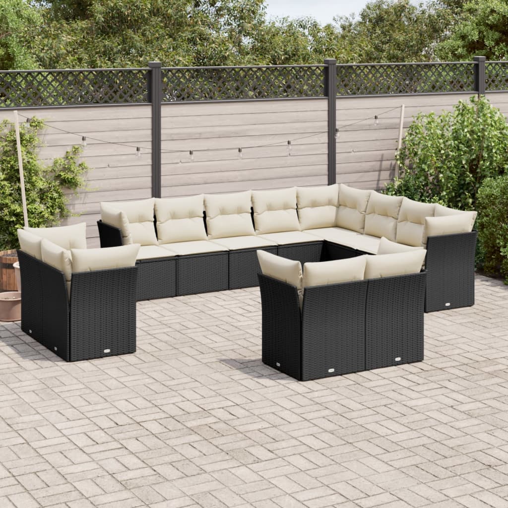 12-delige Loungeset met kussens poly rattan zwart