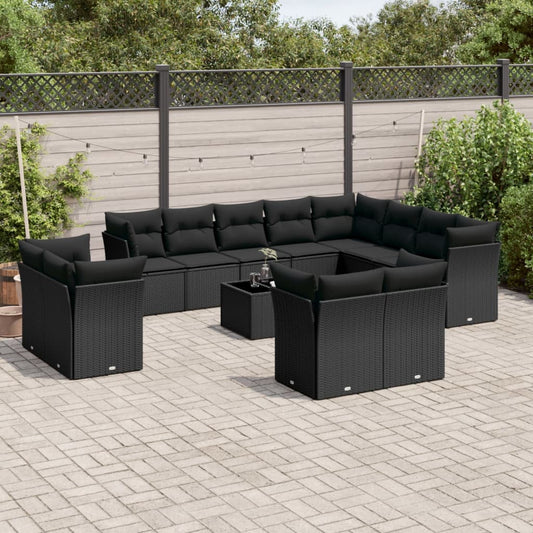 13-delige Loungeset met kussens poly rattan zwart