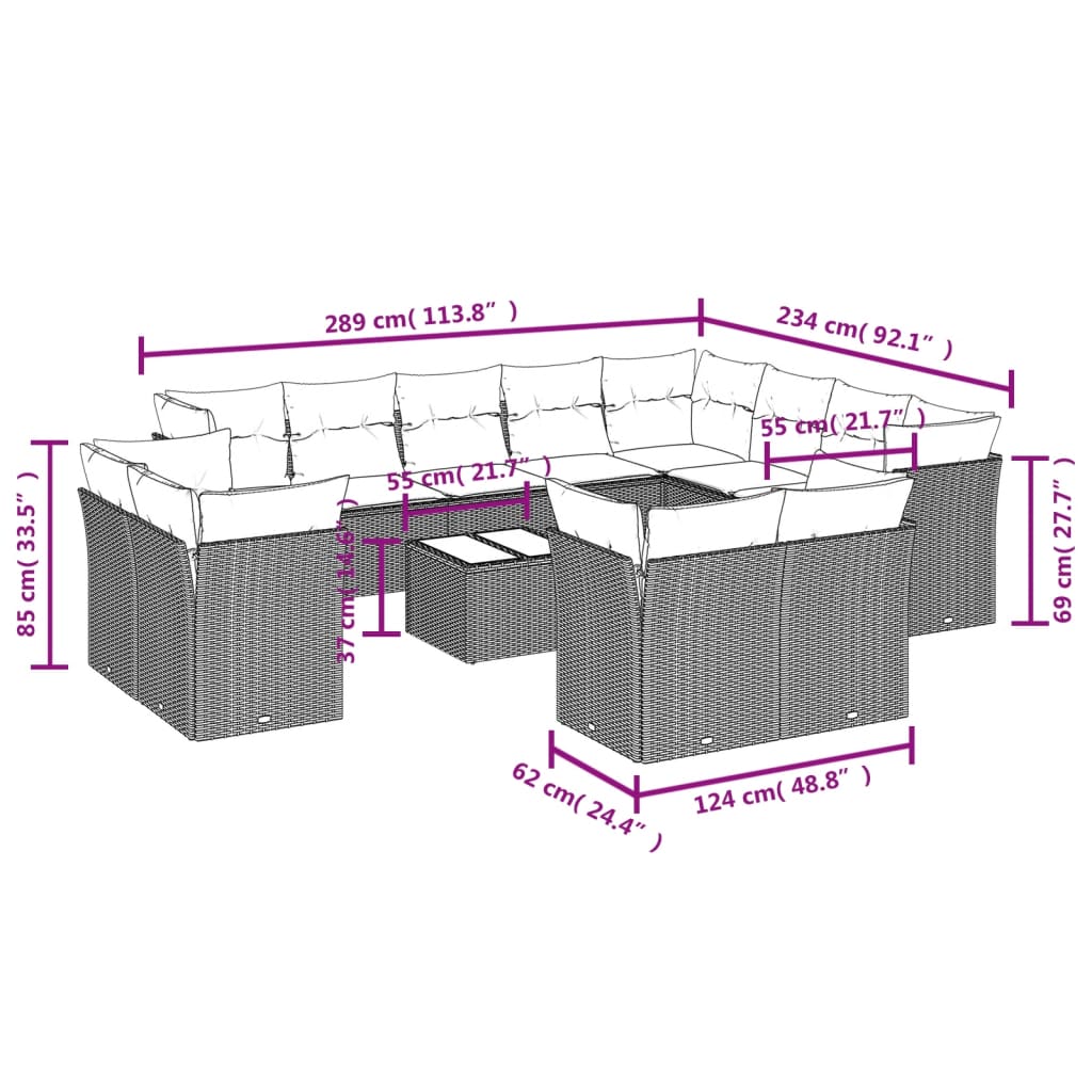 13-delige Loungeset met kussens poly rattan zwart