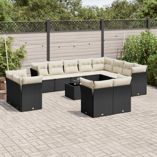 13-delige Loungeset met kussens poly rattan zwart