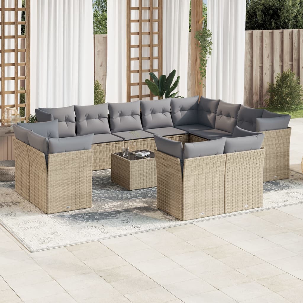 13-delige Loungeset met kussens poly rattan beige