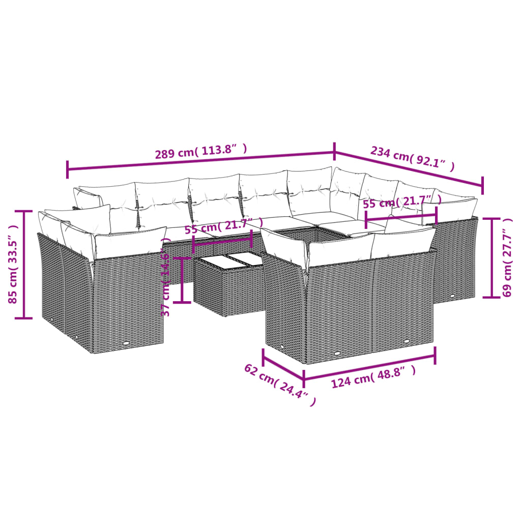 13-delige Loungeset met kussens poly rattan bruin