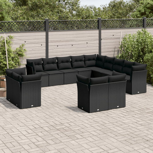 13-delige Loungeset met kussens poly rattan zwart