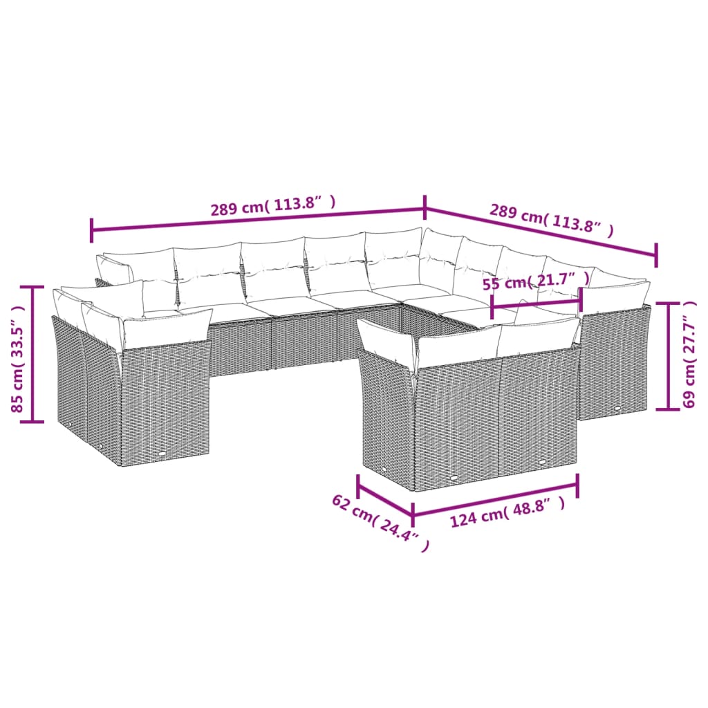 13-delige Loungeset met kussens poly rattan zwart