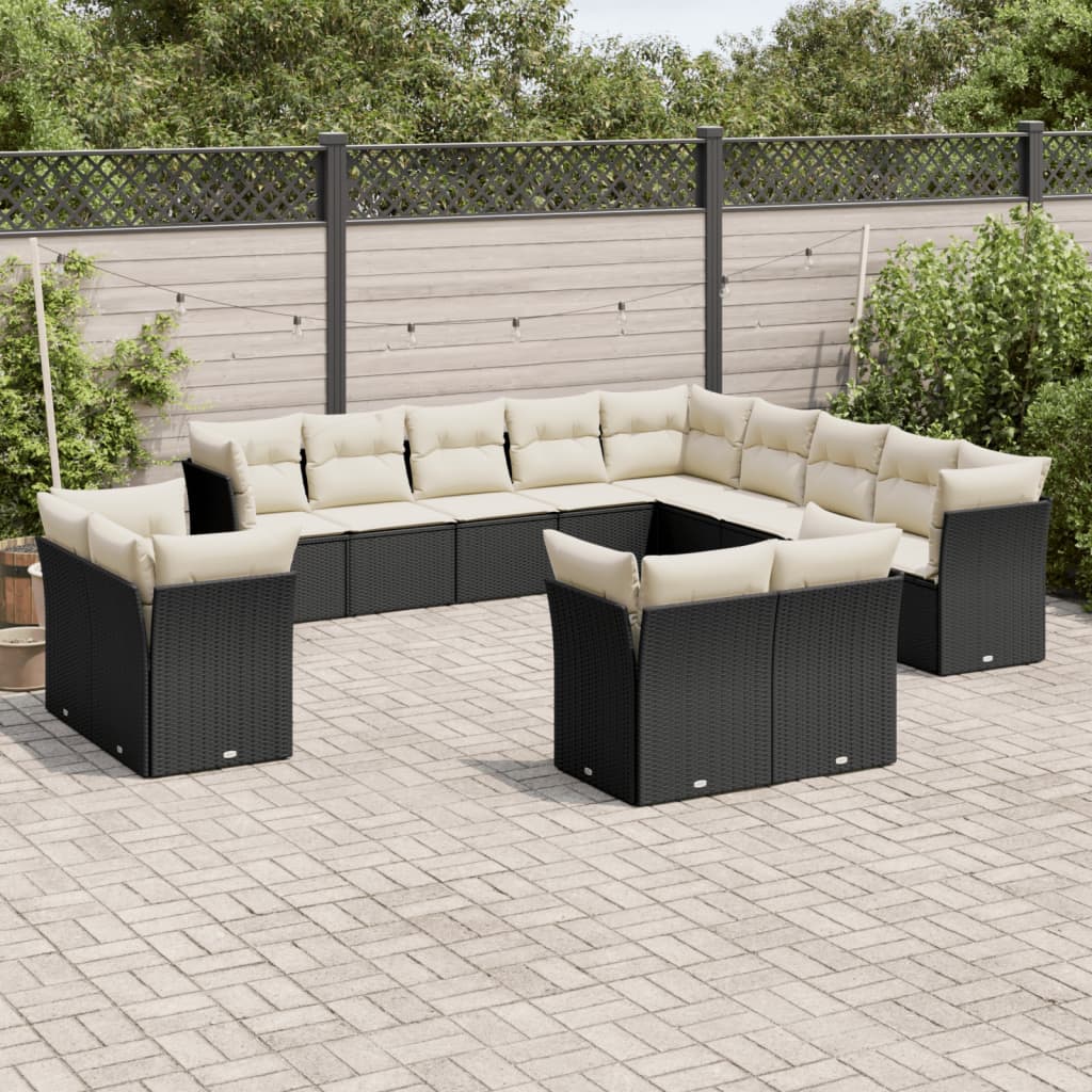 13-delige Loungeset met kussens poly rattan zwart