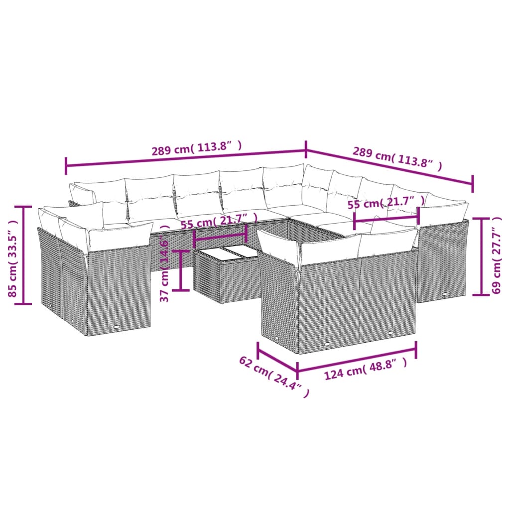 14-delige Loungeset met kussens poly rattan lichtgrijs