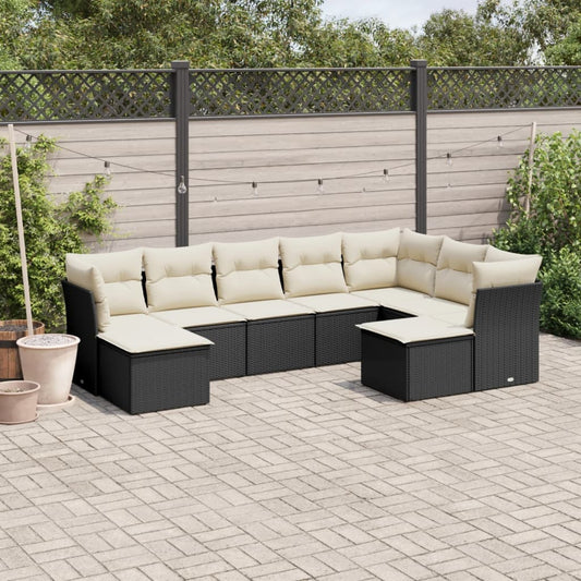 9-delige Loungeset met kussens poly rattan zwart