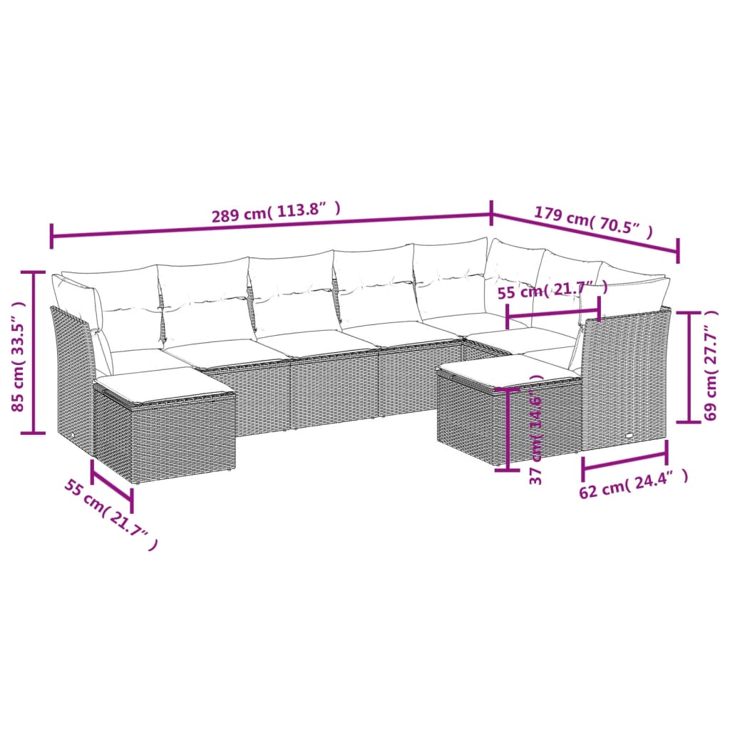 9-delige Loungeset met kussens poly rattan beige