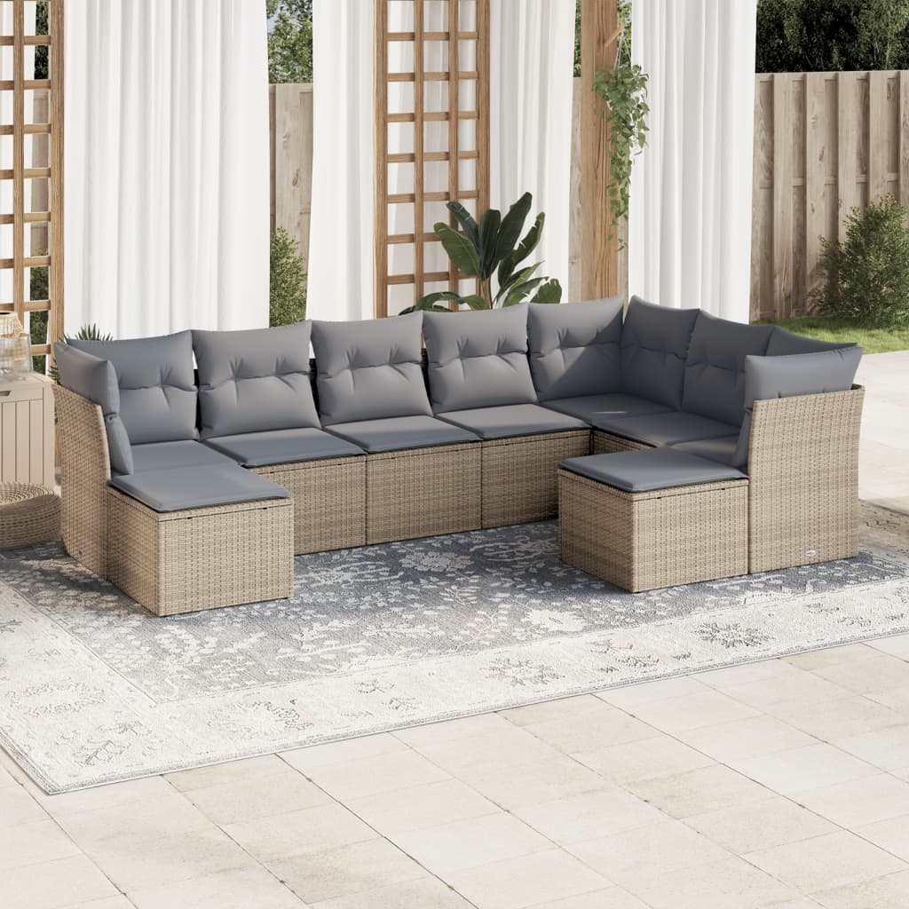 9-delige Loungeset met kussens poly rattan beige