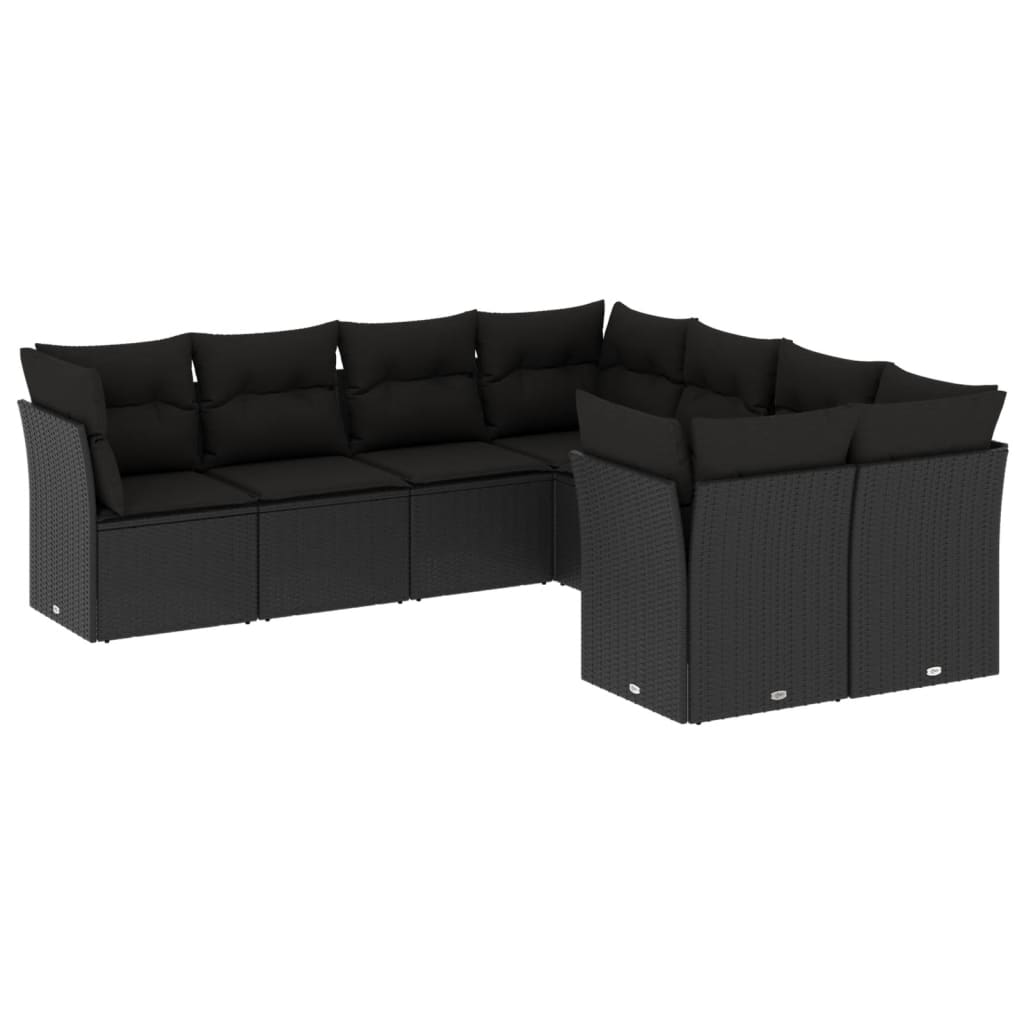 8-delige Loungeset met kussens poly rattan zwart