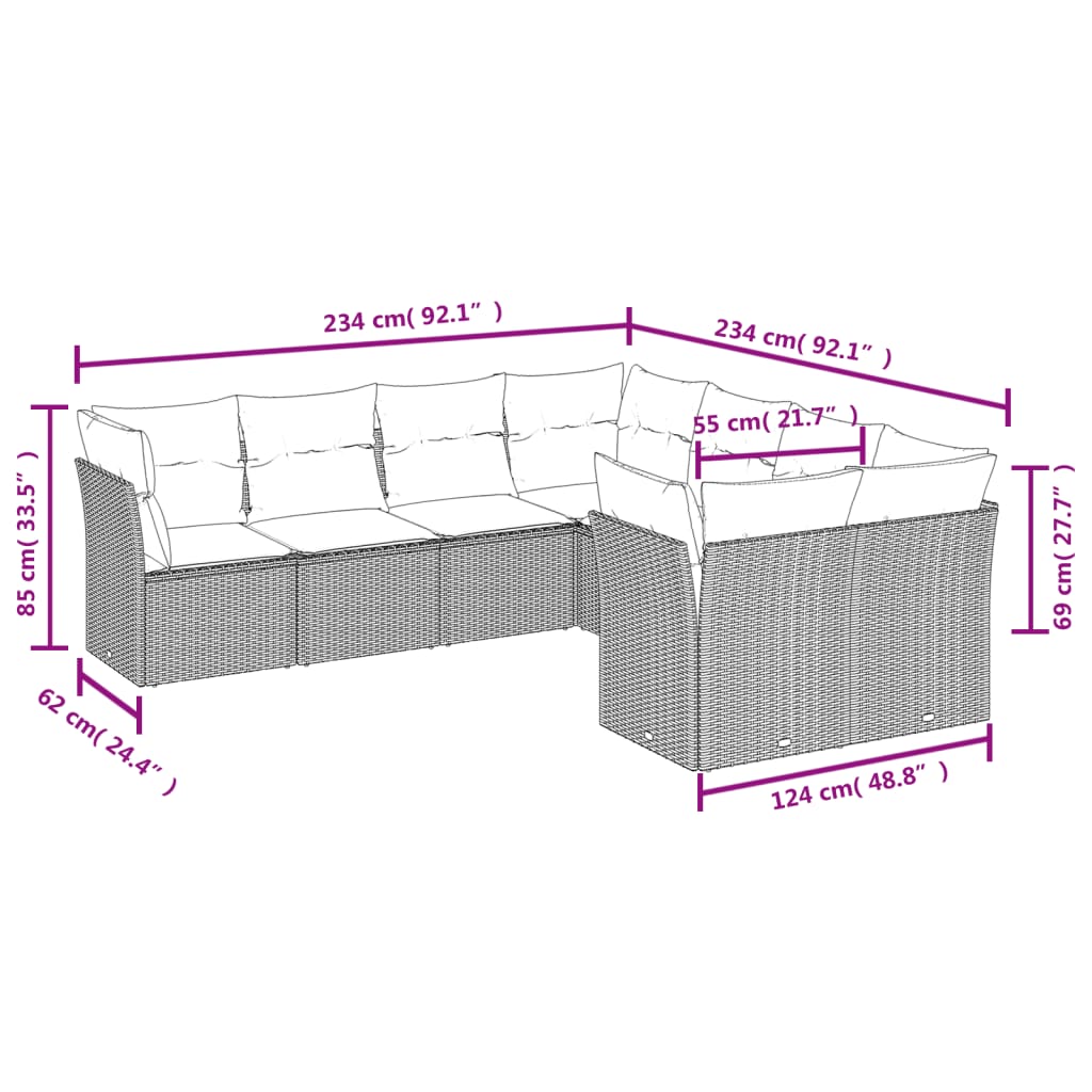 8-delige Loungeset met kussens poly rattan zwart