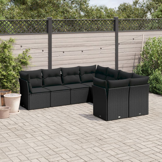 8-delige Loungeset met kussens poly rattan zwart