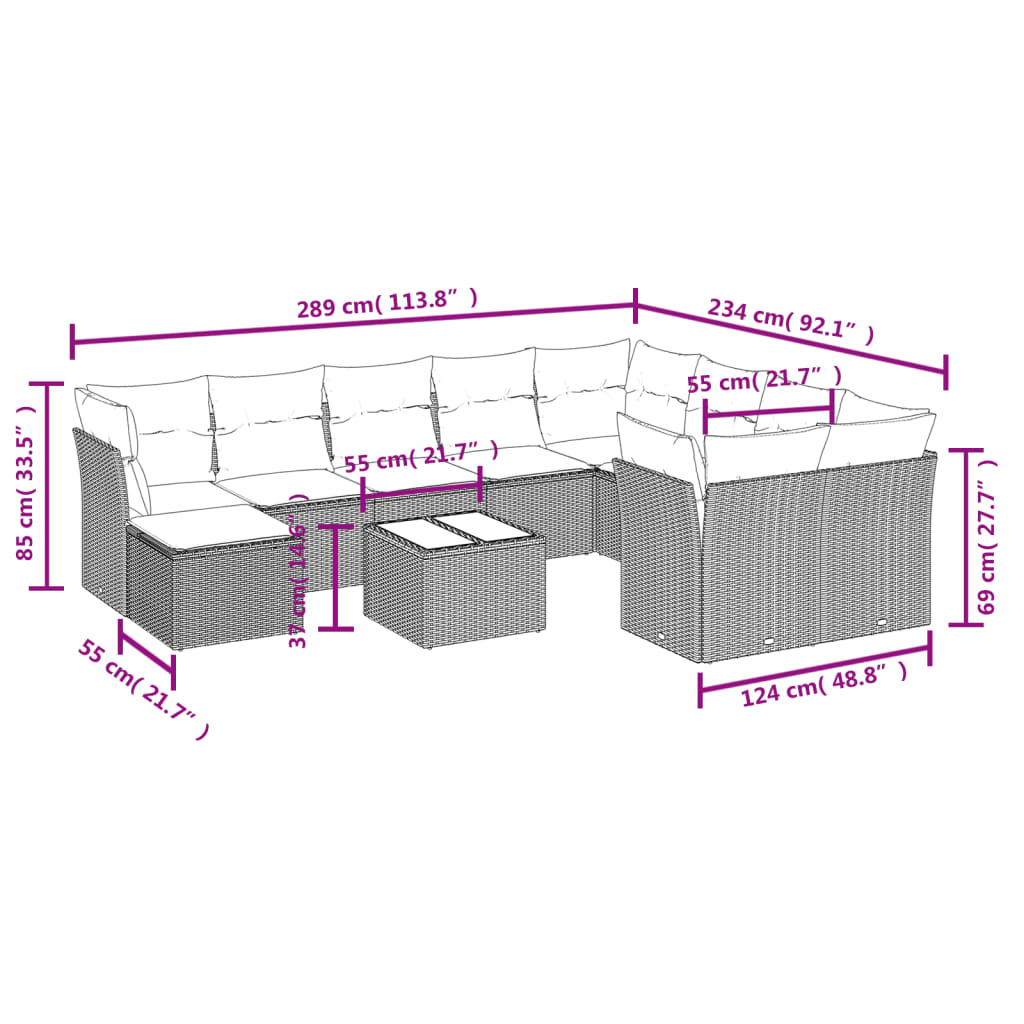 11-delige Loungeset met kussens poly rattan bruin