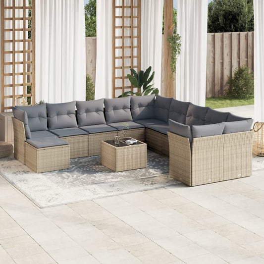 12-delige Loungeset met kussens poly rattan beige