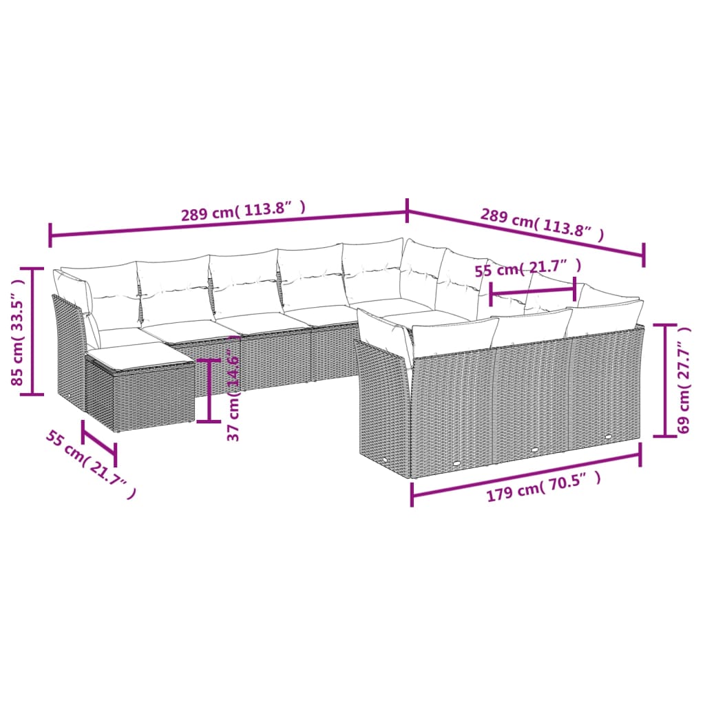 12-delige Loungeset met kussens poly rattan bruin