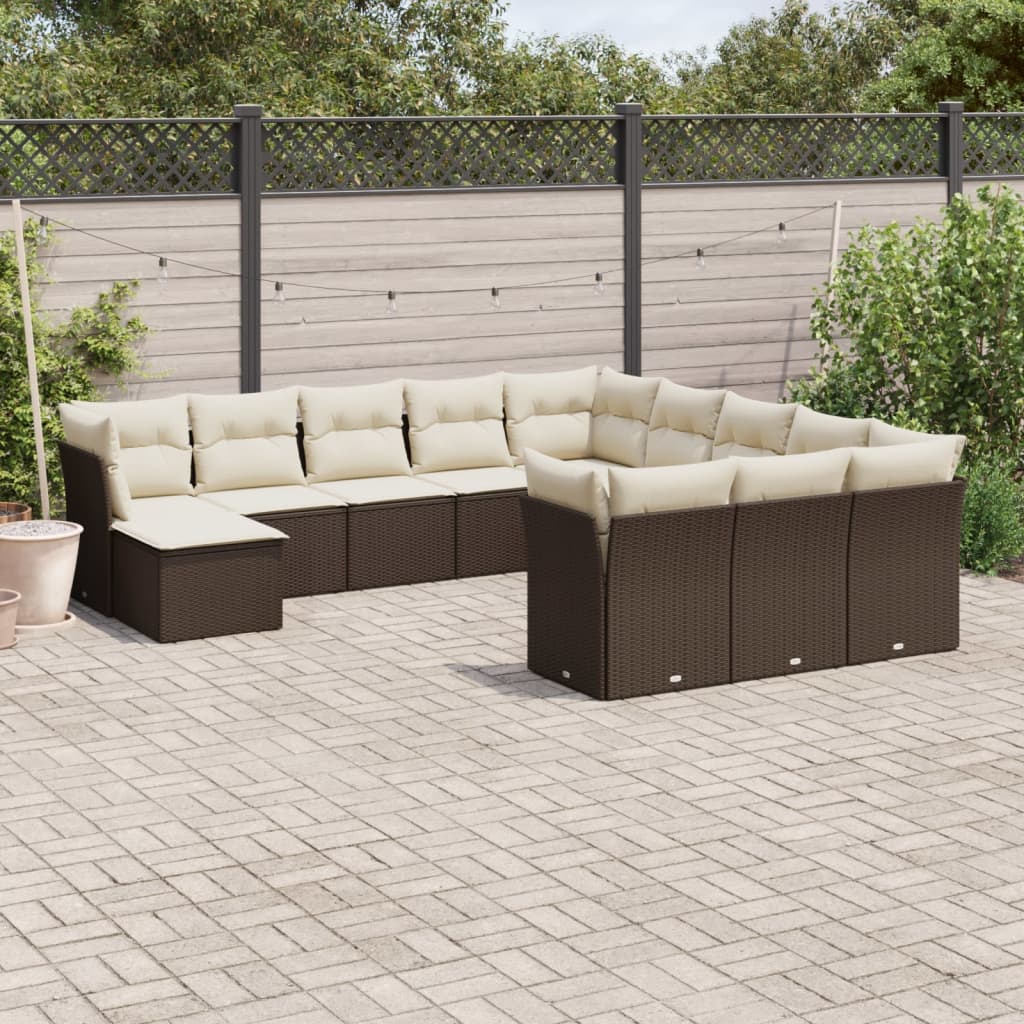 12-delige Loungeset met kussens poly rattan bruin