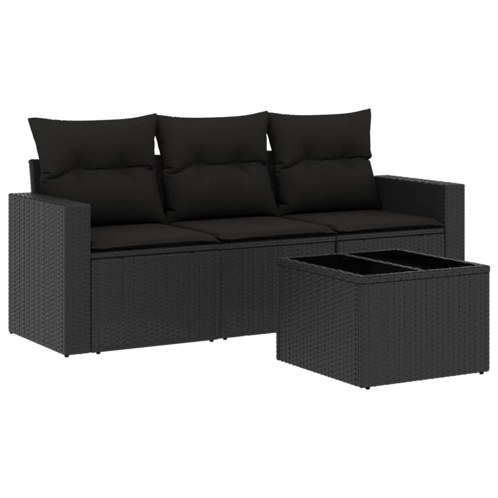 4-delige Loungeset met kussens poly rattan zwart