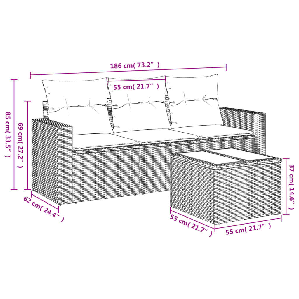 4-delige Loungeset met kussens poly rattan zwart