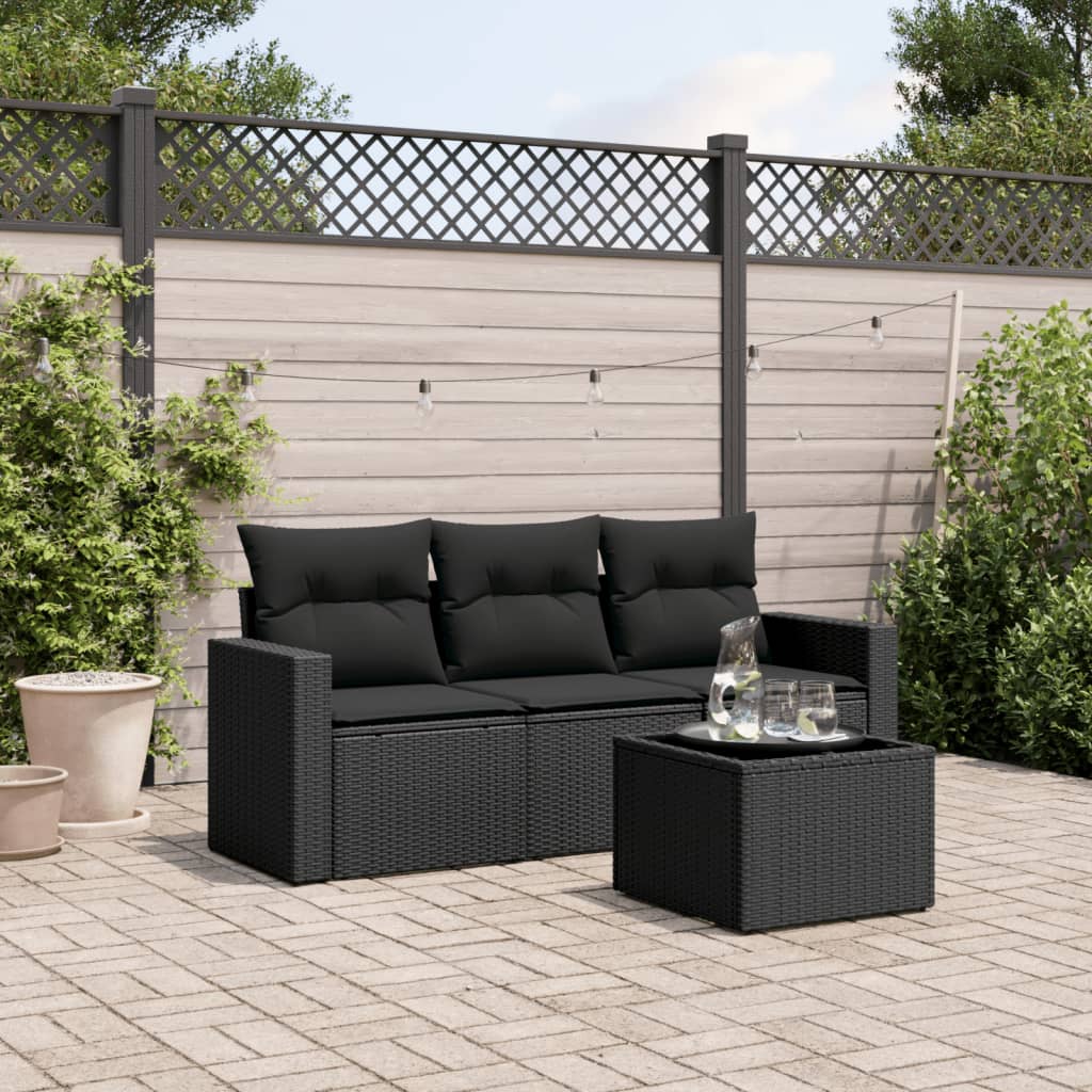 4-delige Loungeset met kussens poly rattan zwart