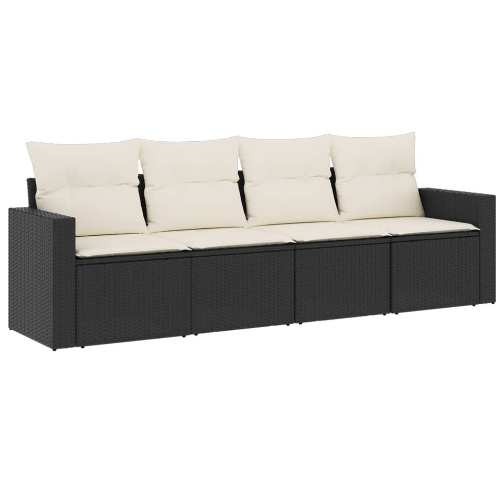 4-delige Loungeset met kussens poly rattan zwart