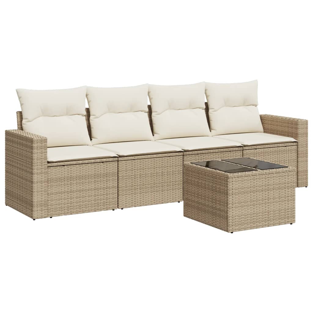 5-delige Loungeset met kussens poly rattan beige