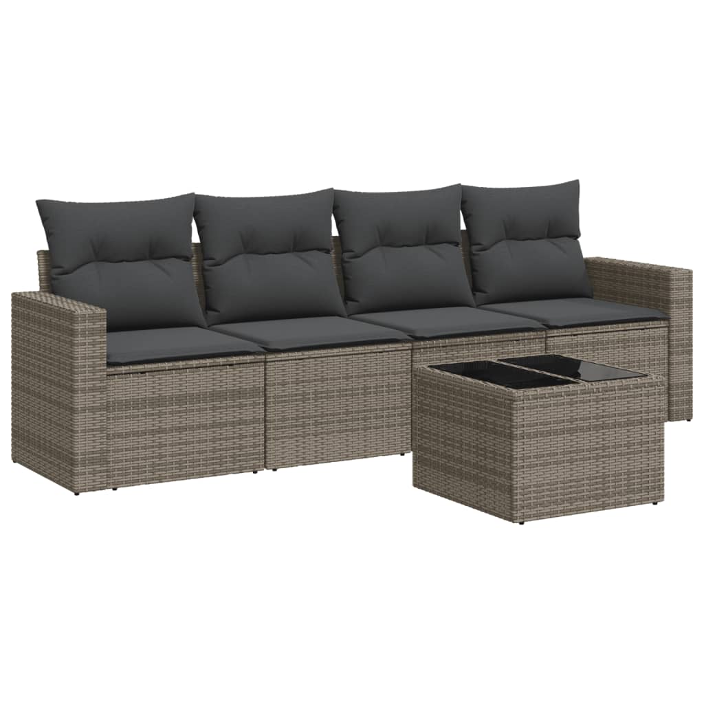 5-delige Loungeset met kussens poly rattan grijs