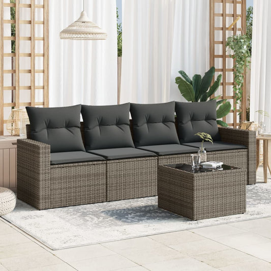 5-delige Loungeset met kussens poly rattan grijs