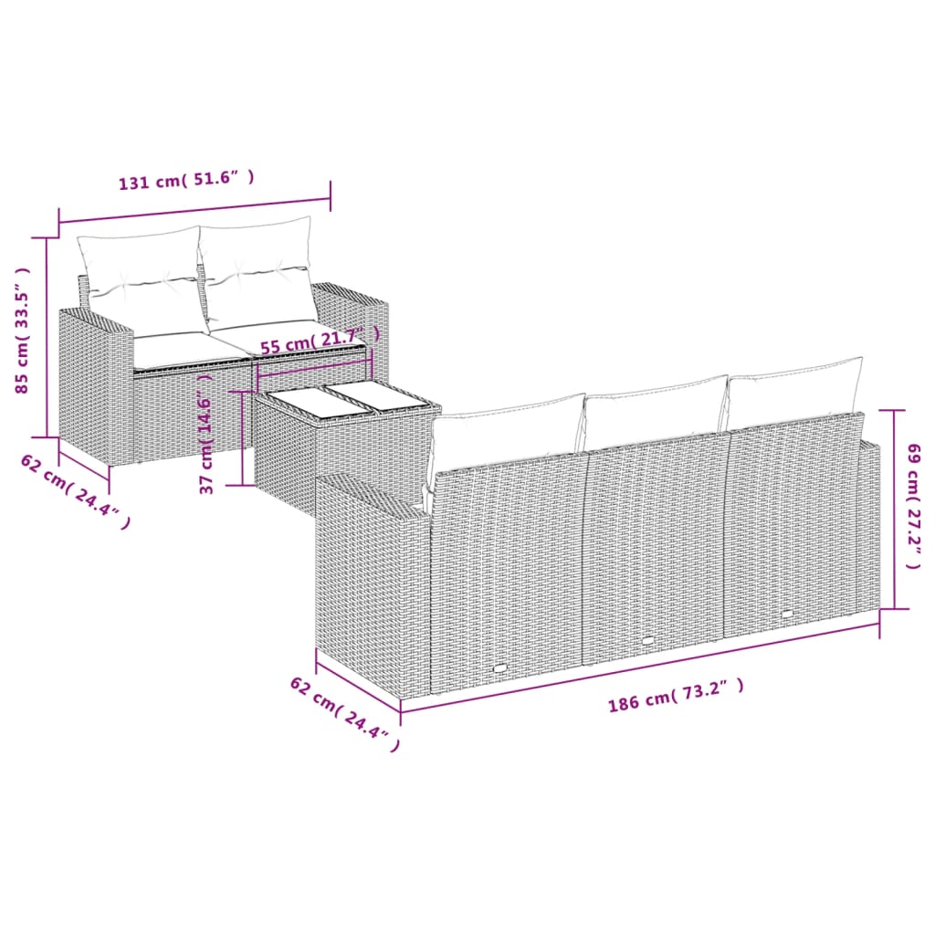 6-delige Loungeset met kussens poly rattan zwart