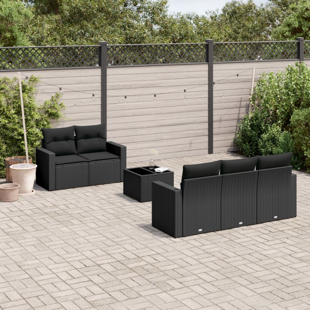 6-delige Loungeset met kussens poly rattan zwart