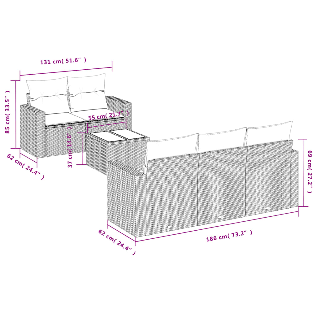 6-delige Loungeset met kussens poly rattan beige