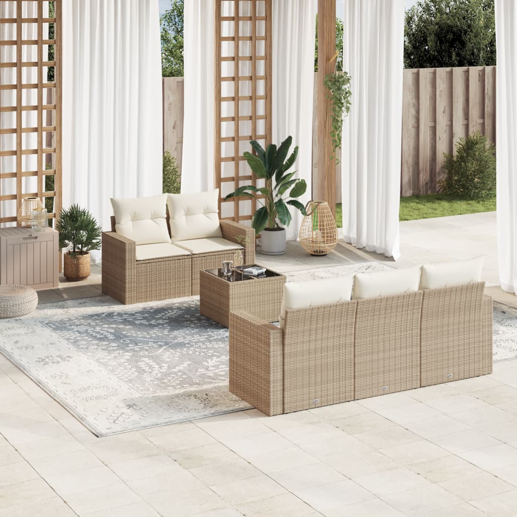 6-delige Loungeset met kussens poly rattan beige