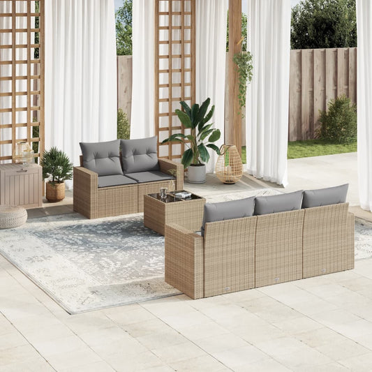 6-delige Loungeset met kussens poly rattan beige