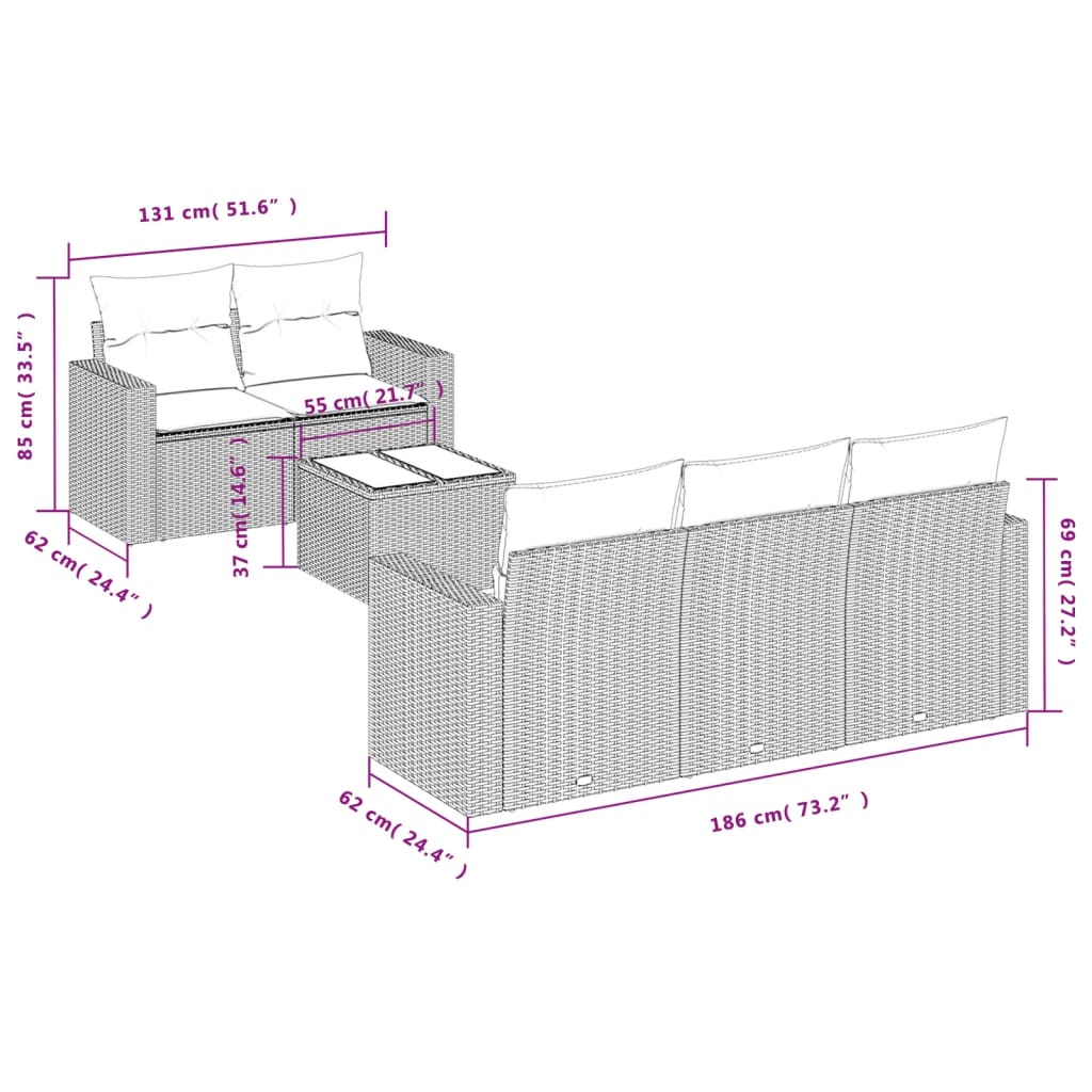 6-delige Loungeset met kussens poly rattan grijs