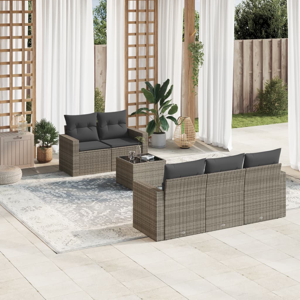 6-delige Loungeset met kussens poly rattan grijs