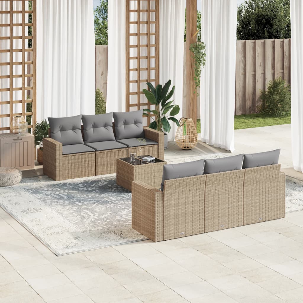 7-delige Loungeset met kussens poly rattan beige